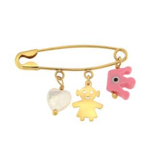 Babies' Safety Pin With Charms Made Of Yellow Gold K9 PA10KP3